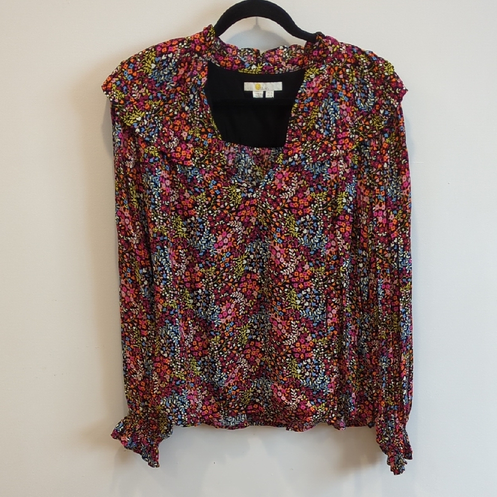 Boden Ruffle Black Pink Whimsigoth Boho Festival Preppy Floral Blouse Sz 12